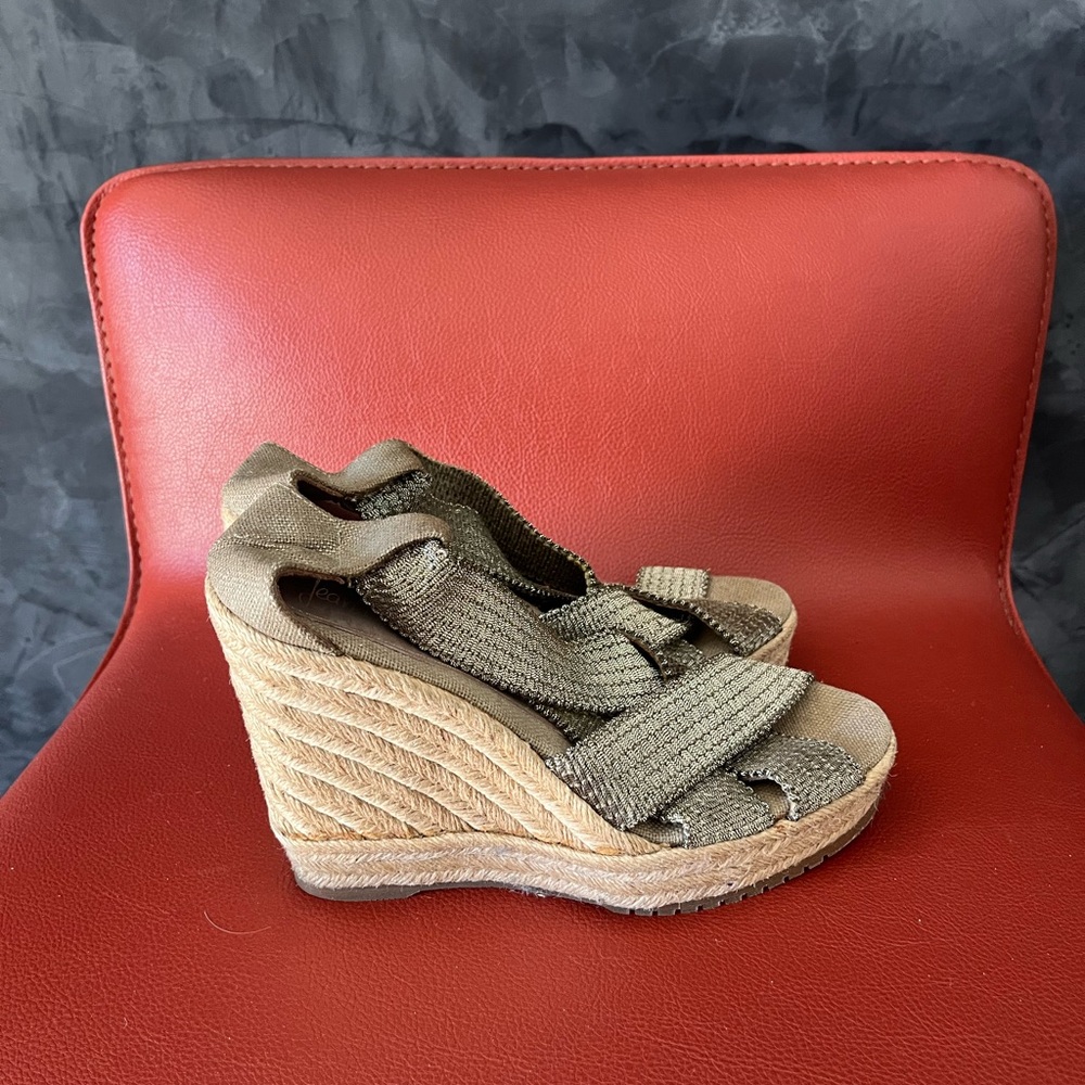 Tan Woven Wedge Sandals with Crisscross Straps